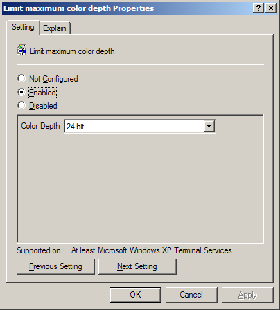 Setting maximum colour depth in for Terminal Services